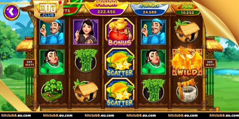 Giao diện sinh động của game với các biểu tượng dân gian và túi vàng